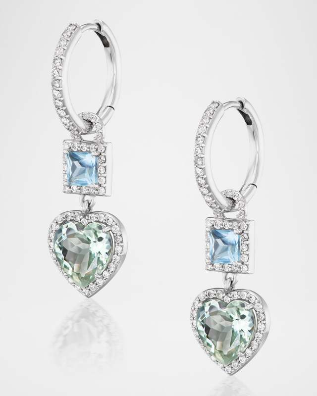 Aquamarine and Green Amethyst Drop Earrings with Diamonds